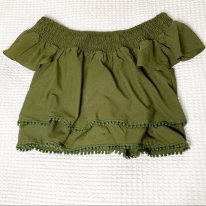 Honey Punch Olive Off-Shoulder Ruffle Crop Top, M